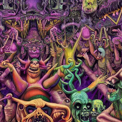 Image similar to digital painting of demons in rave party in hell by Chor Boogie, intricate details, ultra detailed, 4K, award-winning, touch of M. C. Escher