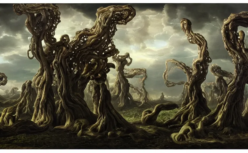 Prompt: strange hyper real disturbing tendril surrealistic landscape with very small strange figures in the distance with large looming shiny biomorphic skinny figures looming inthe foreground, cast shadows, chiaroscuro, painted by dali and rachel ruysch, timeless disturbing masterpiece