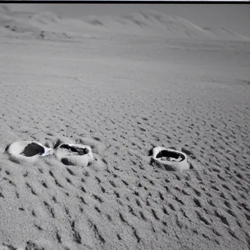 Prompt: grainy 1970s photo on expired film depicting human bones coming out of the sand on planet mars