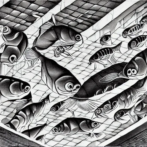 Prompt: escher print of storks and fish