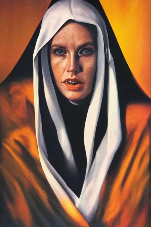 Prompt: hyperrealism oil painting mixed with 8 0 s sci - fi art, complete darkness background, close - up face portrait from above, nun fashion model, lost her faith
