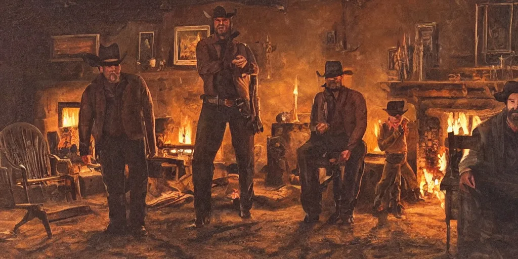 Prompt: in an old west cabin, close up shot of beautiful Mila Jovovich (alone) and Dave Bautista cowboy standing ((alone)) at his fireplace, in the style of Fredrick Remington, oil painting