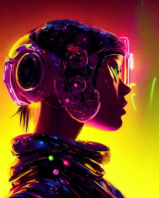 Image similar to detailed side profile portrait Neon Operator Girl, cyberpunk futuristic neon, reflective puffy coat, decorated with traditional Japanese ornaments by Ismail inceoglu dragan bibin hans thoma greg rutkowski Alexandros Pyromallis Nekro Rene Maritte Illustrated, Perfect face, fine details, realistic shaded, fine-face, pretty face