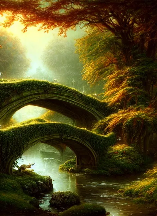 Prompt: old bridge with ivy, fantasy forest landscape, fantasy magic, light night, intricate, elegant, sharp focus, illustration, highly detailed, digital painting, concept art, matte, art by wlop and artgerm and ivan shishkin and andrey shishkin, masterpiece