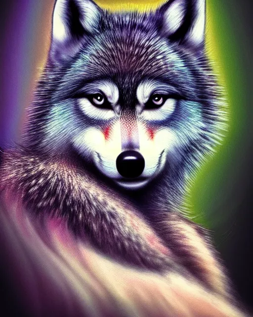 Prompt: realistic paining of a baby wolf, psychedelic, dark art, facing camera, photo realistic, detailed, 1 4 5 0, delicate, hyper realism, ultra realistic, 8 k