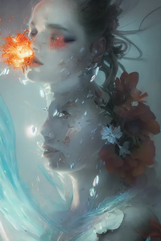 Image similar to beautiful girl necromancer exploding into flowers, angels, 3 d render, hyper - realistic detailed portrait, holding electricity, ruan jia, wlop. scifi, fantasy, hyper detailed, octane render, concept art, peter mohrbacher