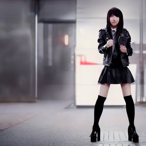 Image similar to a dynamic, epic cinematic 8K HD movie shot of a japanese young J-Pop idol girl wearing leather jacket, miniskirt, nylon tights and high heels boots. Motion, VFX, Inspirational arthouse