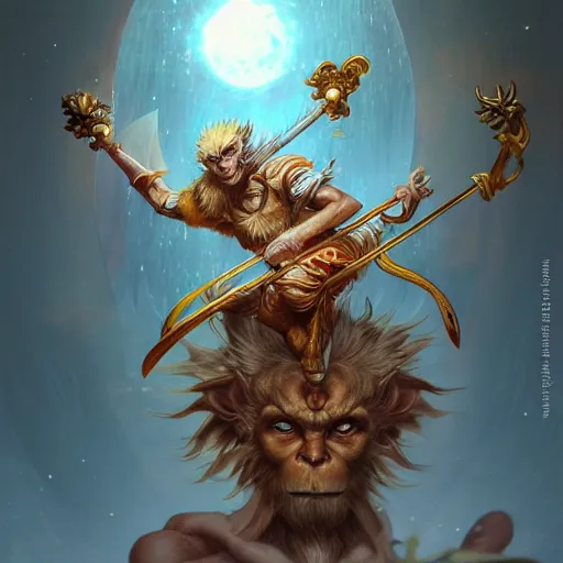 Image similar to Sun Wukong in the korean mmo Lost Ark, monkey king, divine, golden ,symmetrical, D&D character art, portrait, digital painting, Peter Mohrbacher, Alphonse Mucha, Brian Froud, Yoshitaka Amano, Kim Keever, Victo Ngai, James Jean