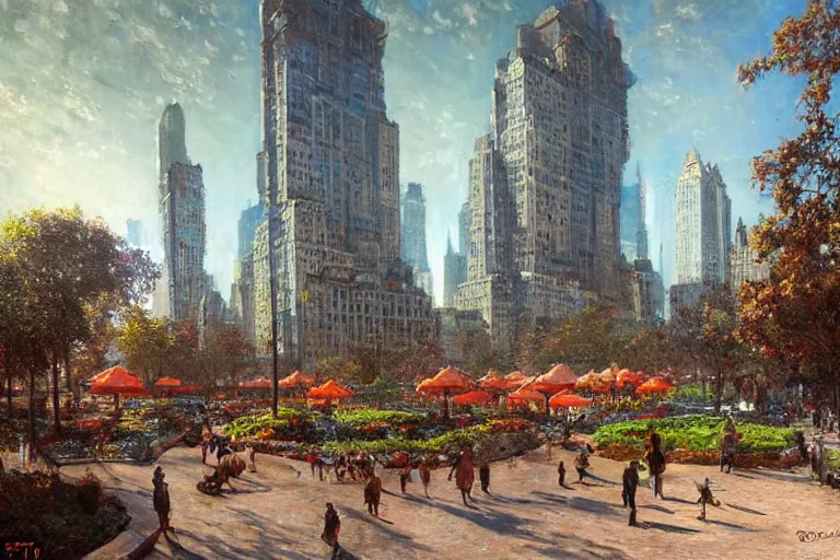 Image similar to A park in new york city, summer season, bright scene, highly detailed, intricate, sharp details, dystopian mood, 1950 scene by gaston bussiere, craig mullins, warm lighting, drawn by Giacomo Burattini, inspired by graphic novel cover art, hyperrealistic, 8k by RHADS