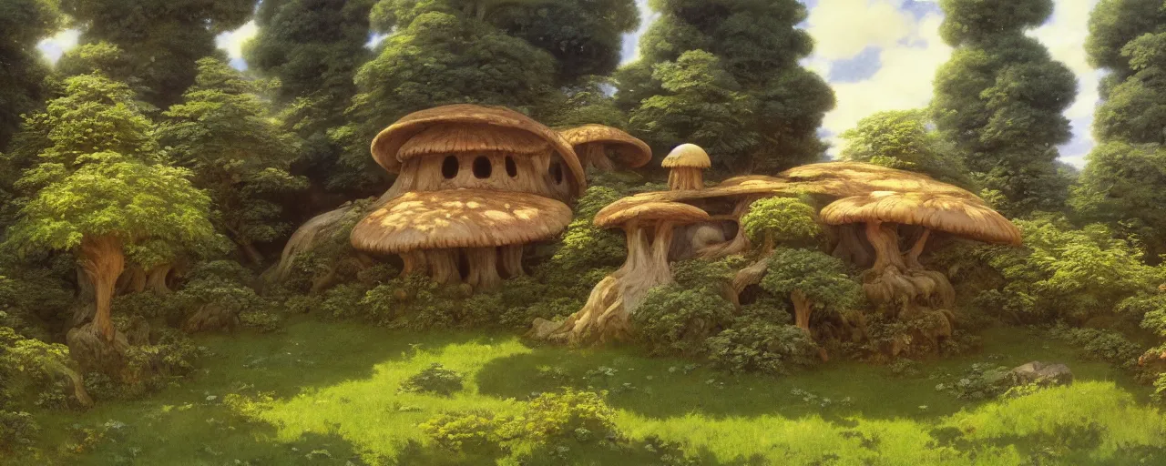 Image similar to ghibli illustrated background of a mushroom shaped house by eugene von guerard, ivan shishkin, john singer sargent, 4 k