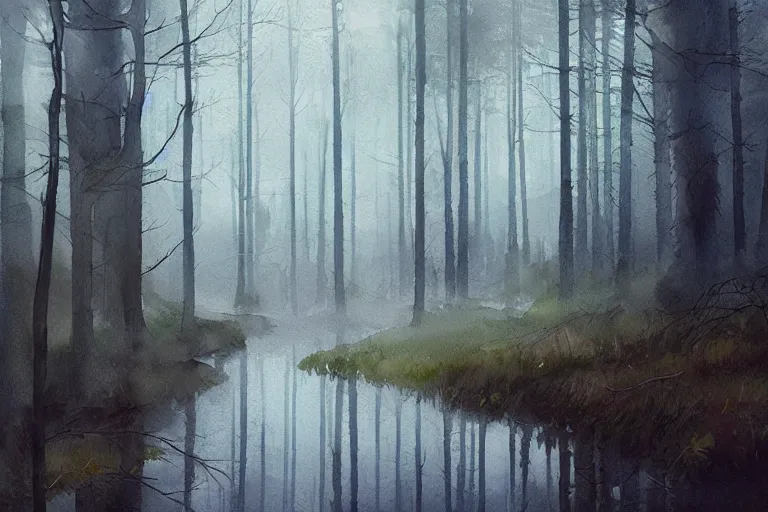 Prompt: watercolor painting of summer day in forest, reflective, fog and mysterious, ambient lighting, art by wlop