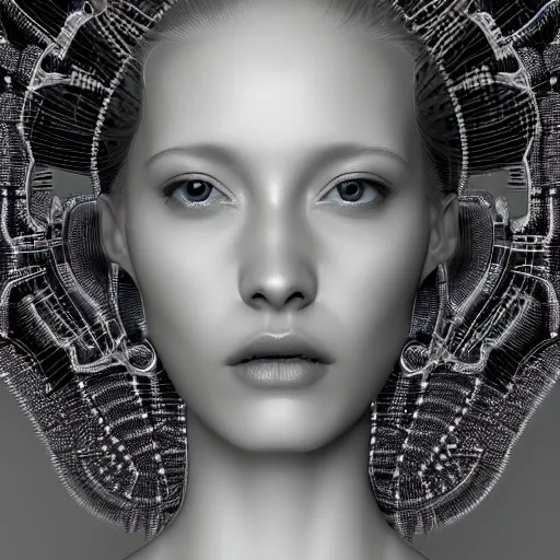 Image similar to closeup portrait of an absurdly beautiful, graceful, sophisticated, fashionable cyberpunk mechanoid gravure idol, an ultrafine hyperdetailed illustration by irakli nadar, matt wisniewski style, fashion photography, intricate linework, porcelain skin, jellyfish headdress, fractal ivory carved ruff, unreal engine 5 highly rendered, global illumination, radiant light, detailed and intricate environment