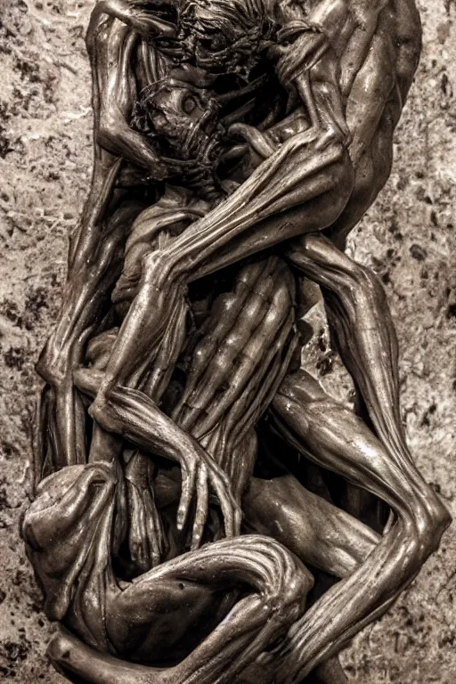 Image similar to photograph of a sculpture of Saturn devouring his son, in the syle of Giger, Giger art, extremely detailed, background is a low light museum, 4k