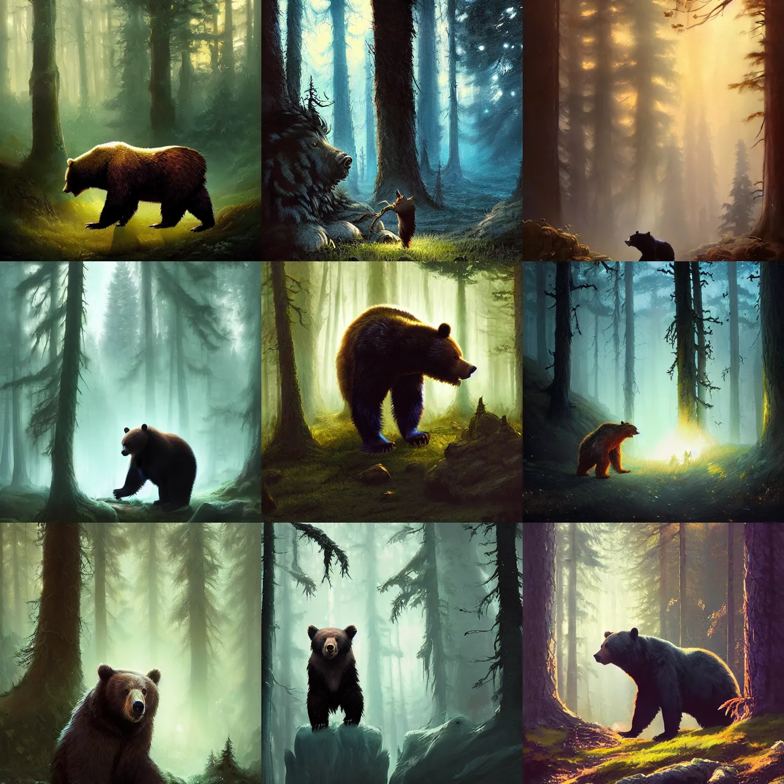 Prompt: fantasy painting of bear with magical marks and glowing magical wisps, dark forest in background, painted by greg rutkowski and andreas rocha