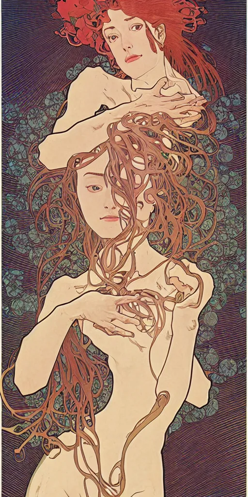 Prompt: a woman splits open and consciousness explodes from her wounds, 8 k, ultra realistic, moebius alphonse mucha, junji ito,