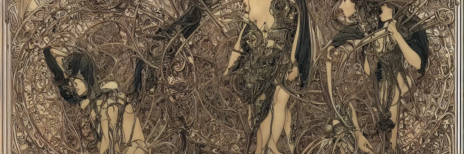 Image similar to art nouveau steelpunk frame and border designs only, no figures, no faces, no people, by travis charest, moebius and mucha, intricate, ornate, circuitry, gears, painted, extremely hyperdetailed, art deco, masterpiece, sharp focus, realistic technical details