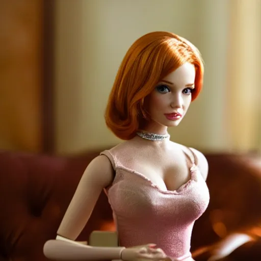 Image similar to amazing beautiful Christina Hendricks barbie doll in the living room, film still from the movie directed by Denis Villeneuve , wide lens