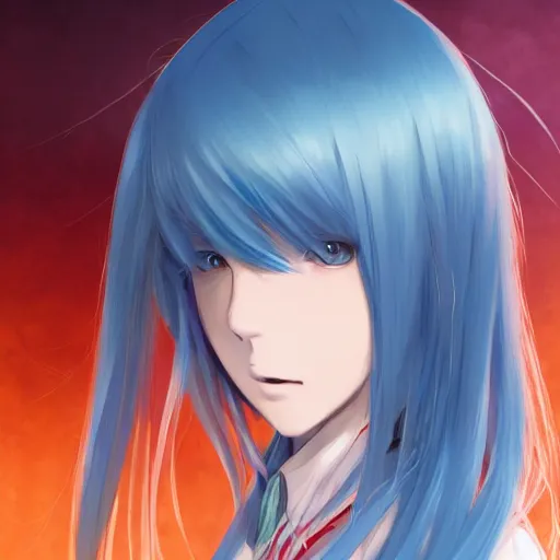 Image similar to full shot of rimuru tempest, sky blue straight hair, long bangs, with amber eyes, wearing a fancy black jacket, high collar, ultra detailed, brush strokes, digital painting, cinematic, wlop artstation, closeup, pixiv, intense, intimidating glare, photorealistic, overpowering, makoto shinkai, rossdraws, andy warhol,