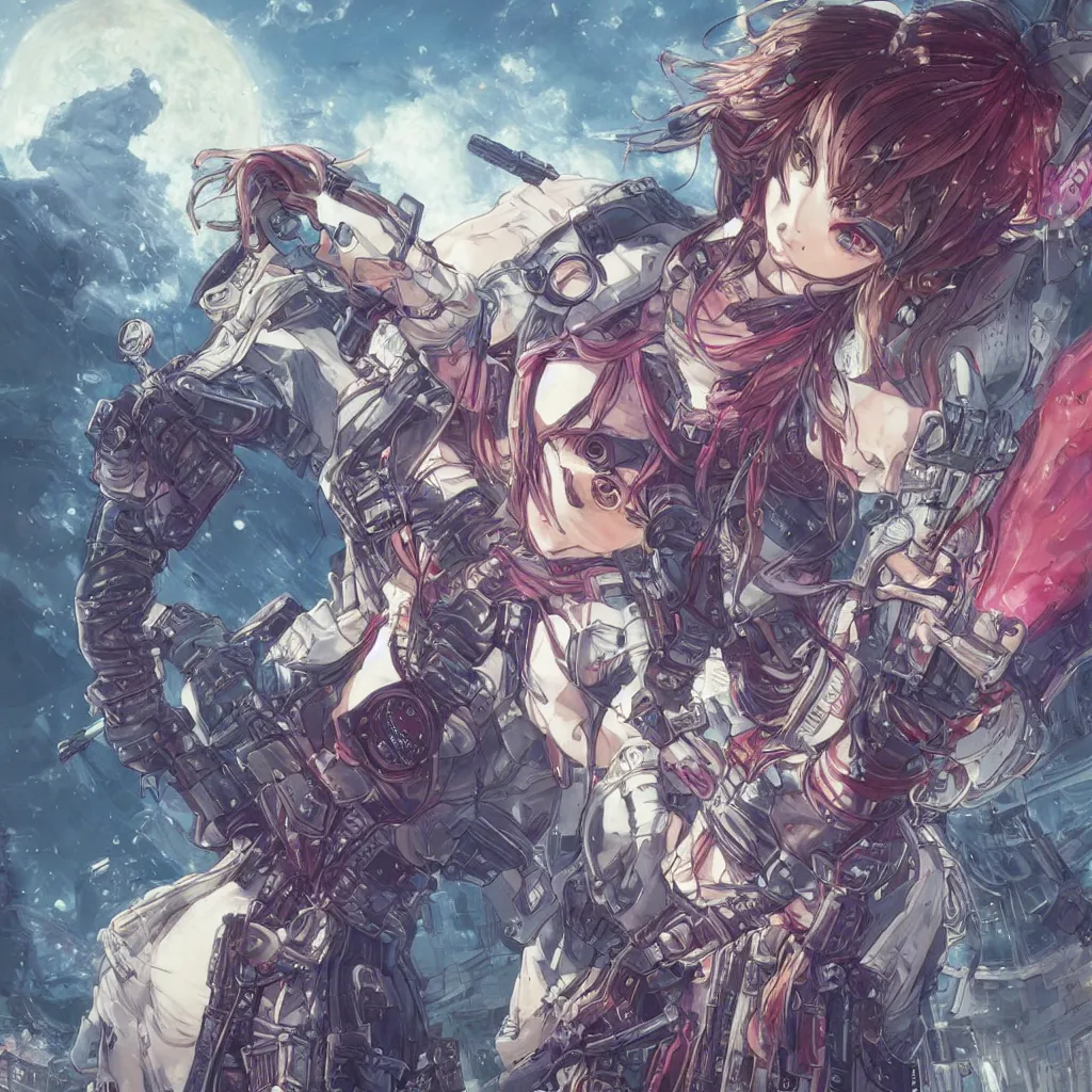 Image similar to the portrait of lcyberpunk cat - colorful female infantry gunner as absurdly beautiful, gorgeous, elegant, young anime girl, an ultrafine hyperdetailed illustration by caspar david friedrich, irakli nadar, intricate linework, bright colors, octopath traveler, final fantasy, unreal engine 5 highly rendered, global illumination, radiant light, detailed and intricate environment