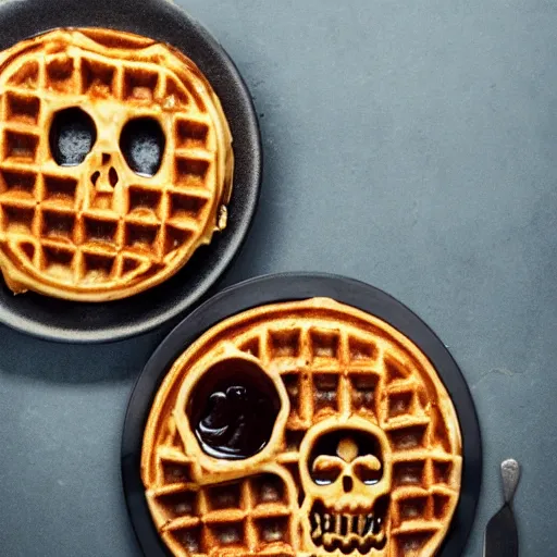 Prompt: a photo of a delicious scrumptious waffle in the shape of a skull with syrup, food photography