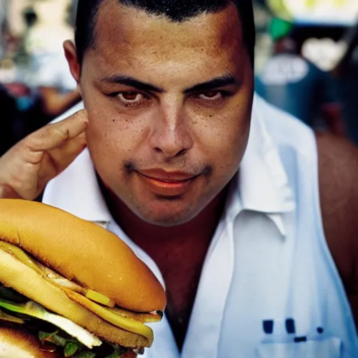 Image similar to close up portrait of a ronaldo nazario selling burgers in a rio de janeiro street, photograph, natural light, sharp, detailed face, magazine, press, photo, steve mccurry, david lazar, canon, nikon, focus