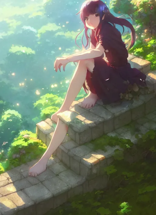 Image similar to girl sitting on a stone stair under a vine rack, illustration concept art anime key visual trending pixiv fanbox by wlop and greg rutkowski and makoto shinkai and studio ghibli