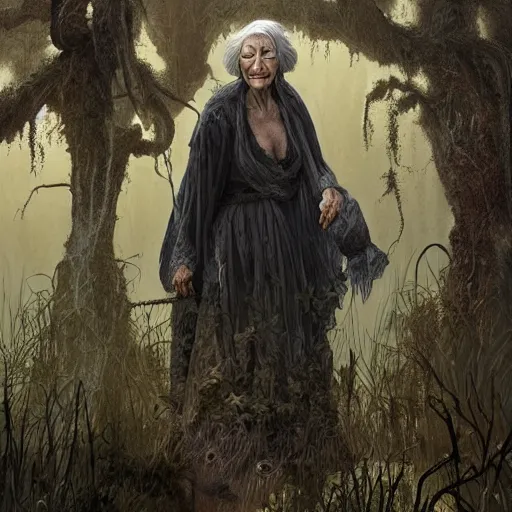 Prompt: fantasy portrait of an emaciated yet energetic old woman with silky, cloudy grey hair, black scars on her face, swamp vegetation in the background, nocturnal palette, art by greg rutowski, raphael lacoste, eddie mendoza