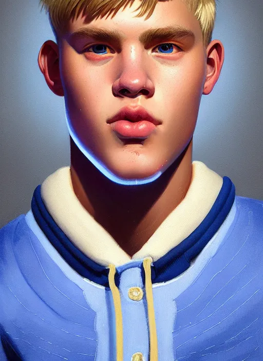 Prompt: portrait of a high school senior boy named big moose, blonde short hair, jock, beefy, wide face, square jaw, square facial structure, blue varsity jacket, intricate, elegant, glowing lights, highly detailed, digital painting, artstation, concept art, smooth, sharp focus, illustration, art by wlop, mars ravelo and greg rutkowski