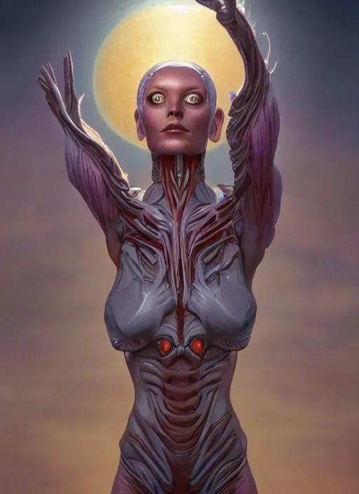 Image similar to biblical beautiful alien female android, bright glowing veins, in clouds, sunset, portrait, studio light, by gerald brom, by peter elson, muted colors, extreme detail, reflections, trending on artstation, 8 k