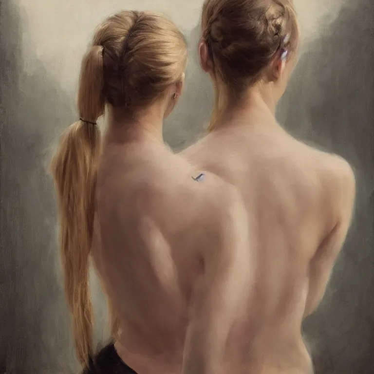 Prompt: blonde girl, pigtail braids, back view, black lace camisole, shoulder tattoo, dramatic light, jeremy lipking, joseph todorovitch