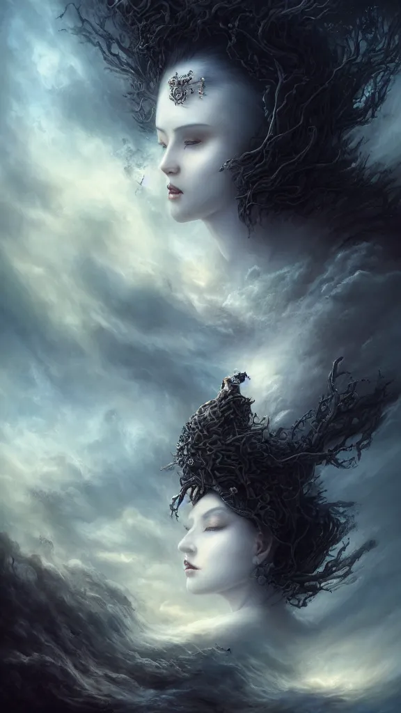 Image similar to a woman with very black hair and pale skin with a crown on her head walking on the clouds, in the style of tomasz alen kopera and fenghua zhong and peter mohrbacher, mystical colors, rim light, beautiful lighting, 8 k, stunning scene, raytracing, octane, trending on artstation,