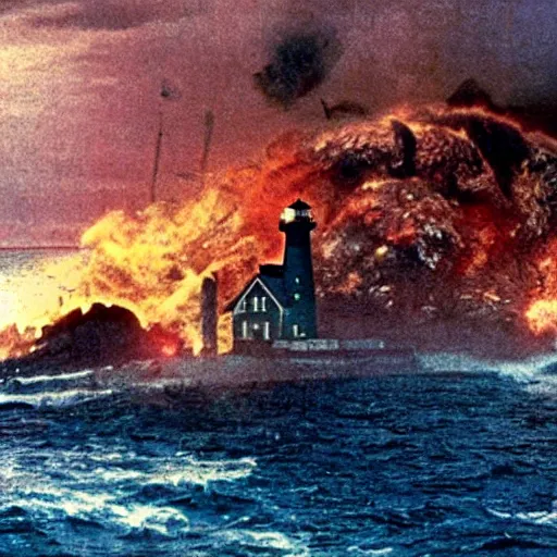 Prompt: movie still of Godzilla attacking the Peggy's cove lighthouse