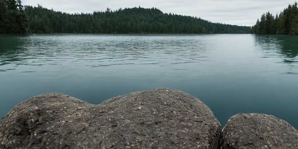 Prompt: centered photograph rope of a single thick long rope floating across the surface of the water into the distance, rope floating submerged rope stretching out towards the center of the lake, a dark lake on a cloudy day, color film, tiny rock shore foreground and trees in the background, hyper - detailed photo, anamorphic lens