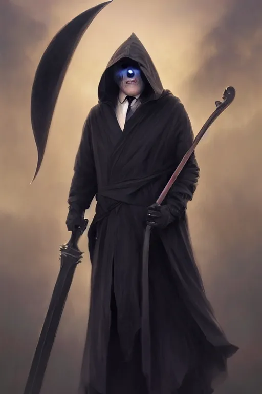 Prompt: Boris Johnson as Grim Reaper in a hood with scythe, portrait, highly detailed, digital painting, artstation, concept art, smooth, sharp focus, illustration, cinematic lighting, art by artgerm and greg rutkowski and alphonse mucha