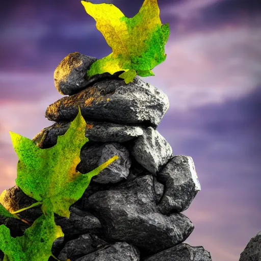 Image similar to a closeup photorealistic photograph of a rock tower with some leaves, fantastic four theme. icy colorful drink. bright scene. fine detail. this 4 k hd image is trending on artstation, featured on behance, well - rendered, extra crisp, features intricate detail, epic composition and the style of unreal engine.