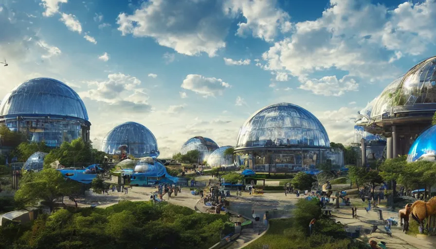 Prompt: giant futuristic zoo built in london, with blue glass domes, sunny day, wide view, volumetric light, hyperdetailed, artstation, cgsociety, 8 k