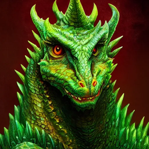 Prompt: realistic, portrait, painting, large green dragon, kodachrome, cgi, hd, detailed, dungeons and dragons