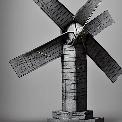 Prompt: [Sculpture of St.Georges fighting a windmill in the style of futurist brutalism, concrete, in an art gallery]