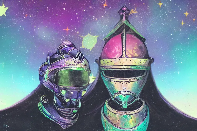 Prompt: digital art of a spiritual medieval knight looking up at the stars, acrylic art, universe, painting, pastel colors, synthwave, retro, cyberpunk,