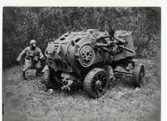 Prompt: found polaroid picture of a world war two crawling mech war machine and german soldiers