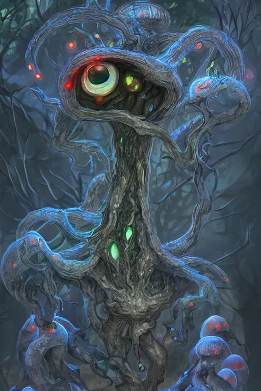 Image similar to a humanoid figure mushroom monster with large glowing eyes, highly detailed, digital art, sharp focus, trending on art station, fungus spores, anime art style