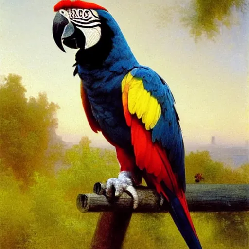 Image similar to Painting of A macaw parrot. Art by william adolphe bouguereau. During golden hour. Extremely detailed. Beautiful. 4K. Award winning.