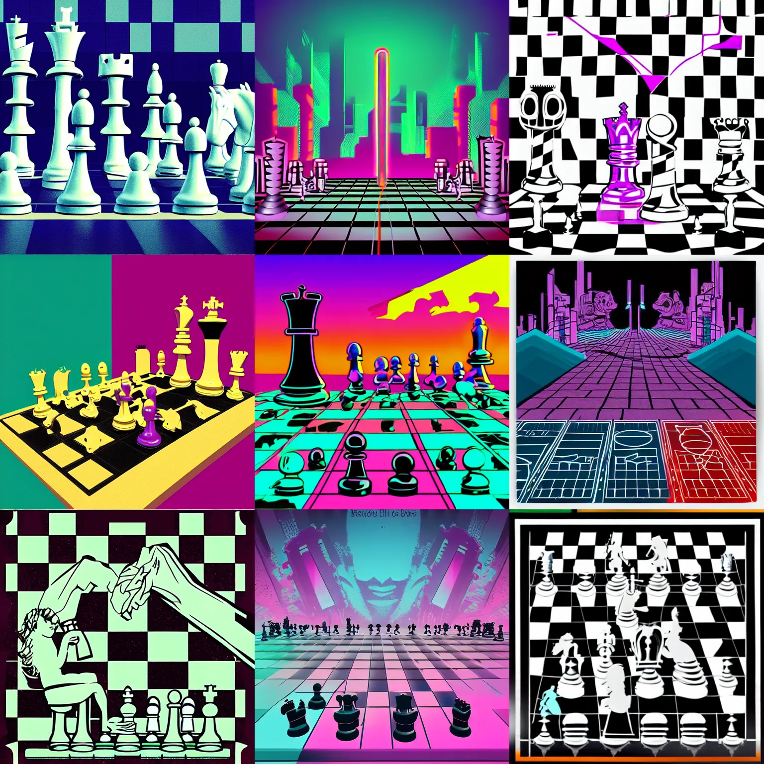 Prompt: surreal chess, 80s style synthwave, matte colors
