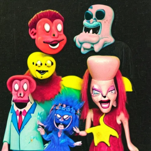 Prompt: fruity rainbow ren and stimpy franktensteins monster adams family hellraiser, family-photo, 70s