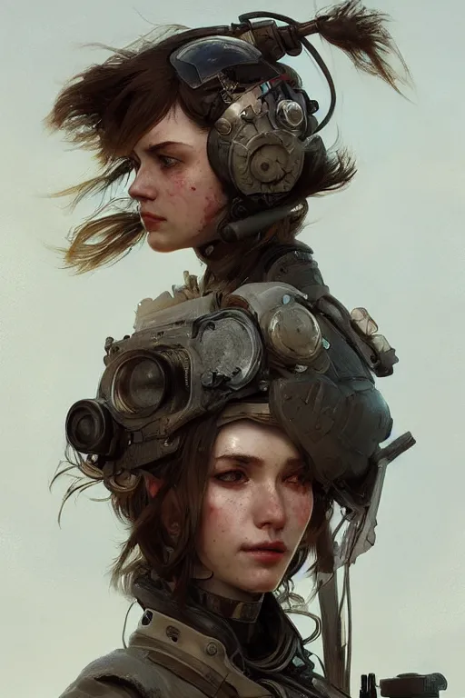 Image similar to A full portrait of a beautiful post apocalyptic fighter pilot, intricate, elegant, highly detailed, digital painting, artstation, concept art, smooth, sharp focus, illustration, art by Krenz Cushart and Artem Demura and alphonse mucha