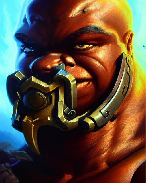 Image similar to doomfist from overwatch, fantasy, fantasy art, character portrait, portrait, close up, highly detailed, intricate detail, amazing detail, sharp focus, vintage fantasy art, vintage sci - fi art, radiant light, caustics, by boris vallejo