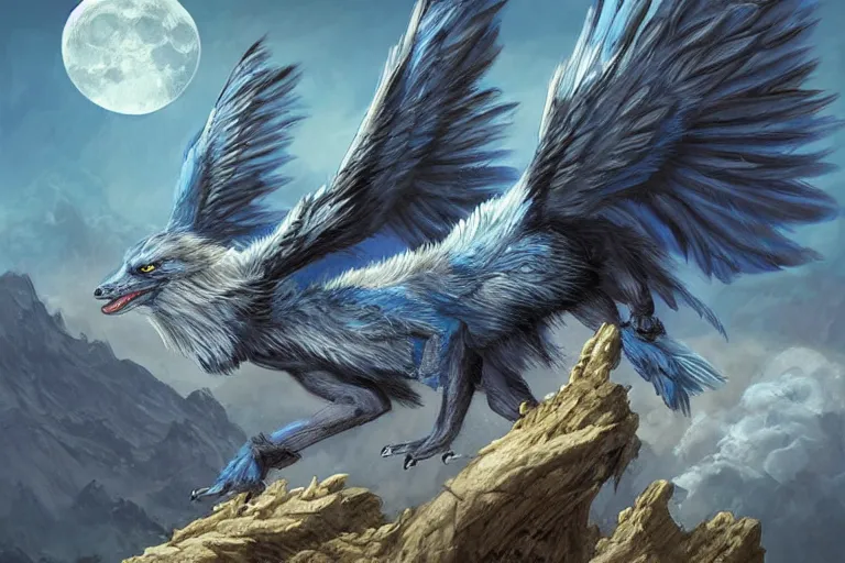 Image similar to Blue feathered wolf with wings on a beautiful fantasy landscape, hills, mountains, moonlit, HD, illustration, epic, D&D, fantasy, intricate, elegant, highly detailed, digital painting, artstation, concept art, smooth, sharp focus, illustration, wallpaper, art by artgerm and greg rutkowski and alphonse mucha and jin xiaodi and anthony devine and yigit korogly