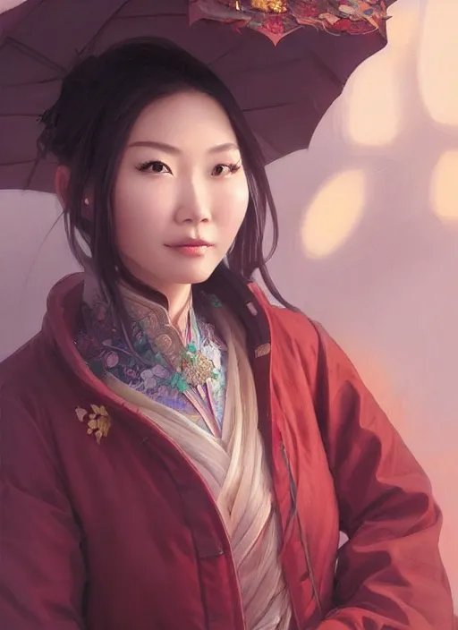 Prompt: beautiful grocery chinese woman in coat ， winer ， wenjun lin intricate, elegant, highly detailed, digital painting, artstation, concept art, matte, sharp focus, illustration, hearthstone, art by artgerm and greg rutkowski and alphonse mucha