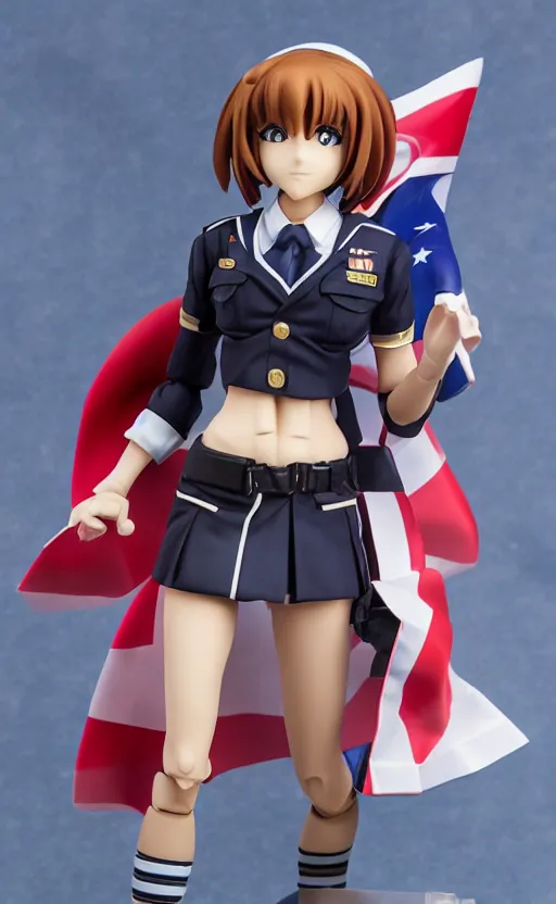 Image similar to toy photo, realistic face, kancolle uniform, portrait of the action figure of a girl, anime character anatomy, 3d printed, plastic and fabric, figma by good smile company, collection product, dirt and smoke background, navy flags, realistic military gear, 70mm lens, hard surfaces, photo taken by professional photographer, trending on Twitter, symbology, 4k resolution, low saturation, realistic ship addons