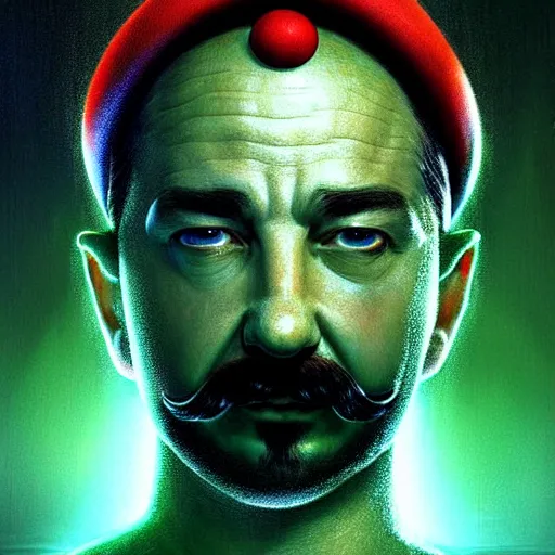 Prompt: uhd photorealistic shia lebeuouf dressed as luigi. cinematic lighting, in the style of akira toriyama, beksisnski, amano and karol bak, fantasy, hyperdetailed.